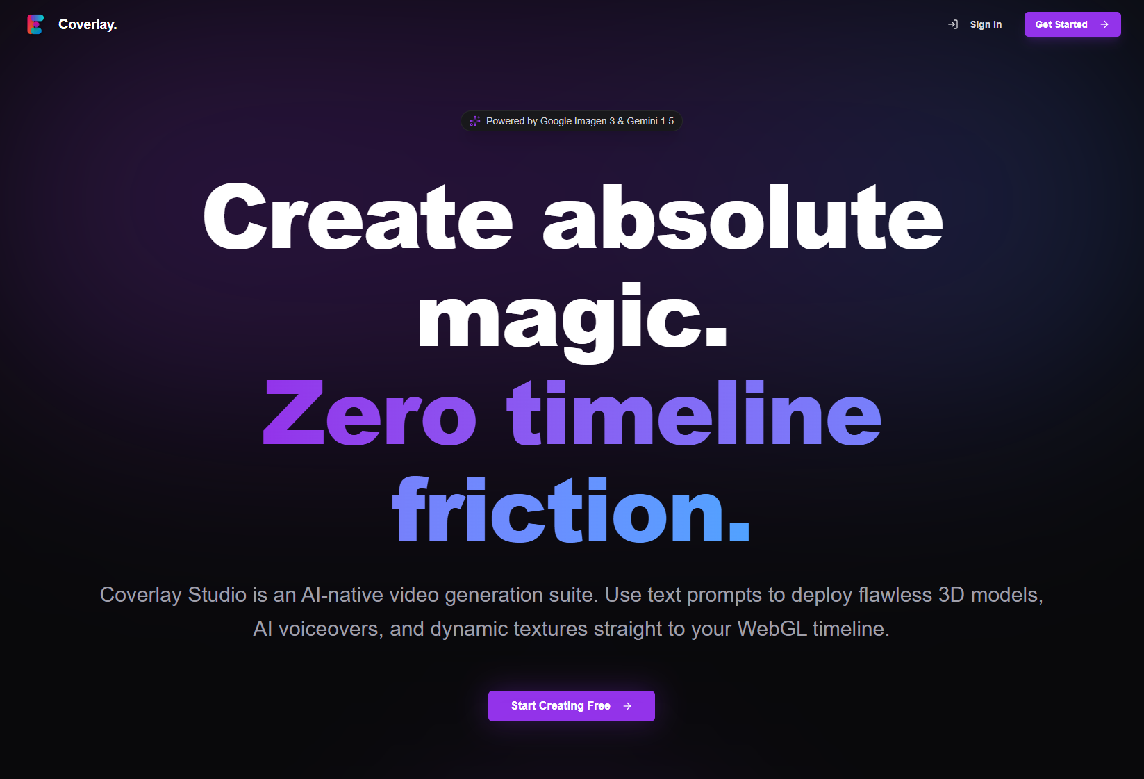 Coverlay Studio landing page presenting its AI-assisted video creation suite
