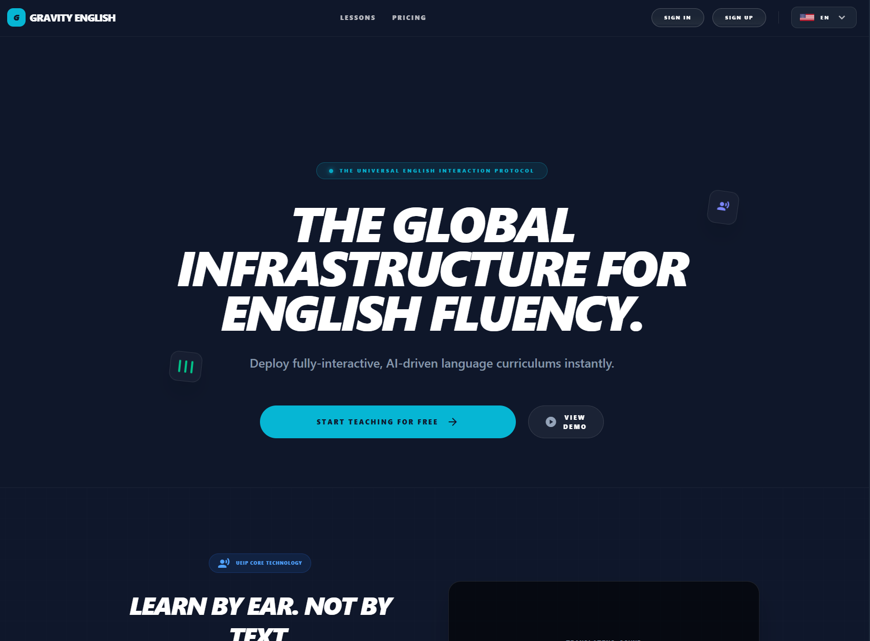 Gravity English platform landing page introducing its English fluency infrastructure
