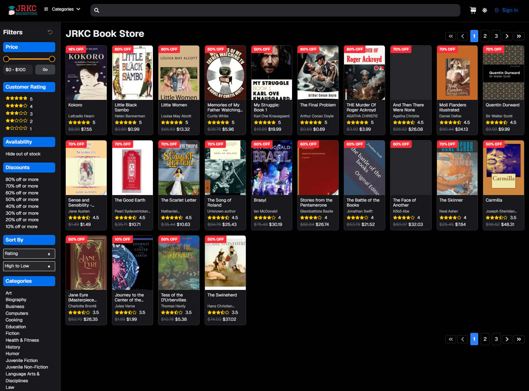 JRKC Bookstore catalog showing filters, ratings, pricing, and paginated book inventory